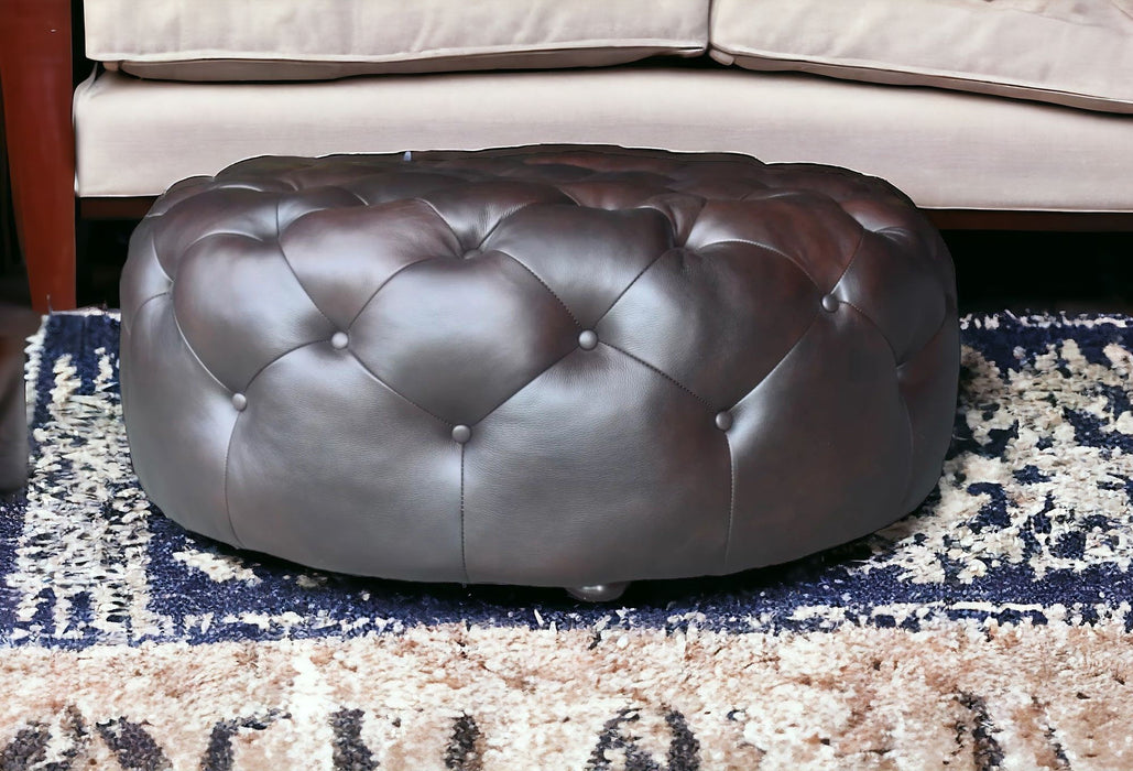 Genuine Leather And Dark Brown Tufted Round Ottoman - Brown