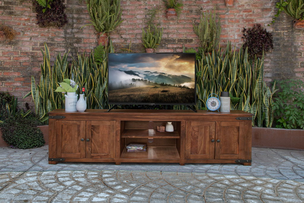 Solid Wood Cabinet, Enclosed Storage Distressed TV Stand - Brown