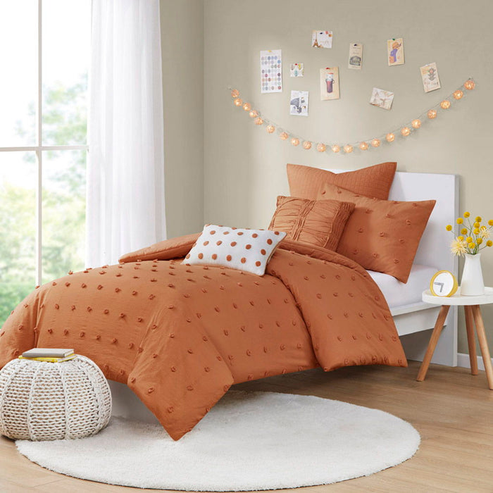 Brooklyn - Cotton Jacquard Twin Duvet Cover Set With Euro Shams and Throw Pillows - Rust