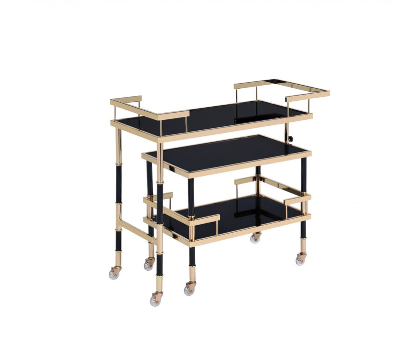 Smoky Glass Metal Casters Serving Cart - Gold Black