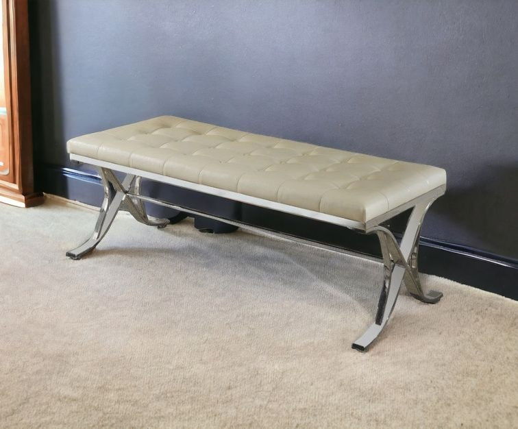 Upholstered Faux Leather Bench - Beige / Silver