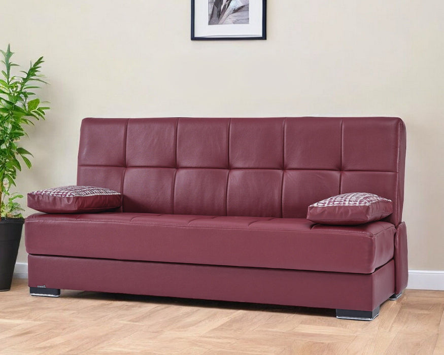 Faux Leather Convertible Futon Sleeper Sofa And Toss Pillows With Brown Legs - Burgundy