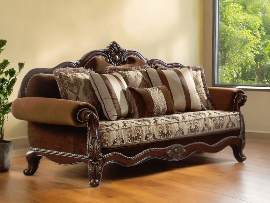 Velvet Floral Sofa And Toss Pillows With Espresso Legs - Oak