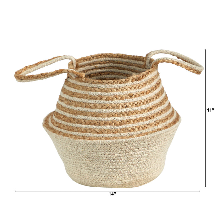 14" Boho Chic Belly Basket Natural Jute and Cotton Stripped