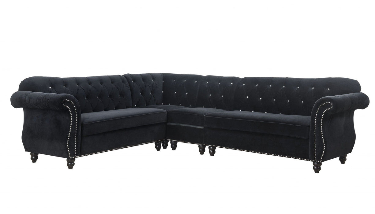 Velvet Upholstery Wood Leg Sectional Sofa - Black