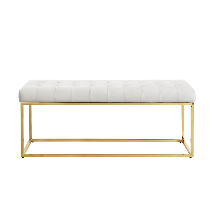 Upholstered Faux Leather Bench - White / Gold