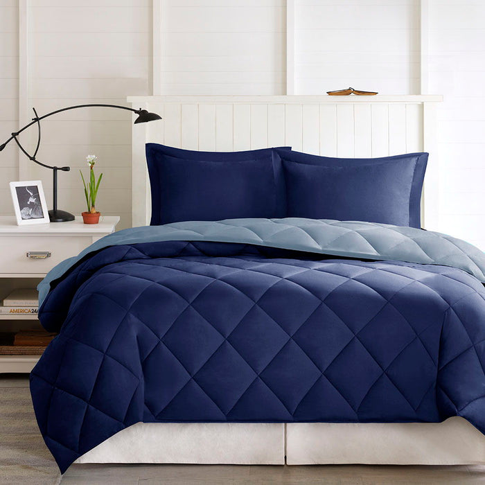 Larkspur - King 3M Scotchgard Diamond Quilting Reversible Down Alternative Comforter Set - Navy / Light Blue