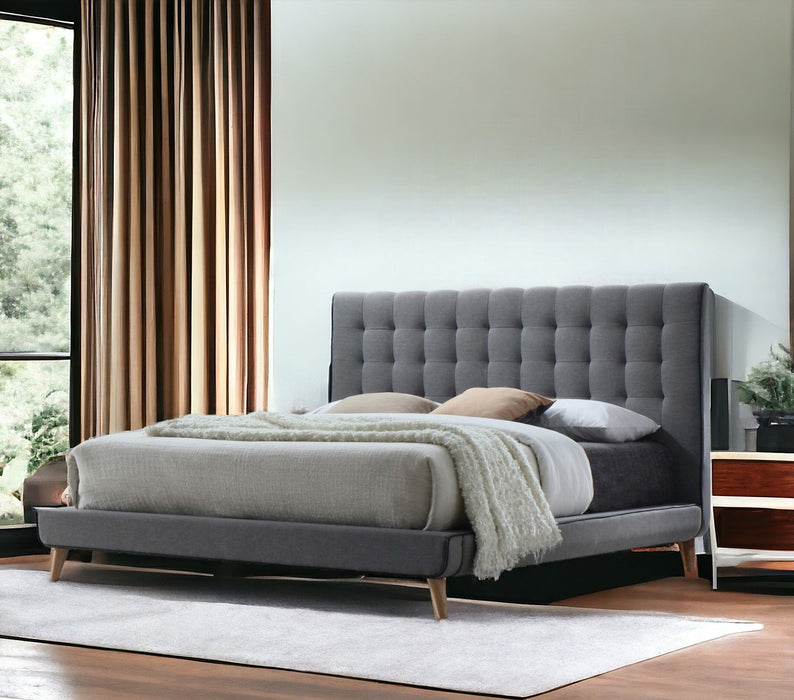 Buttonless Tufted Fabric Queen Bed With Natural Finish Legs - Light Gray