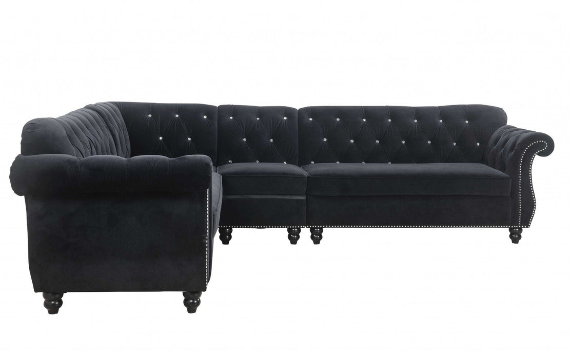 Velvet Upholstery Wood Leg Sectional Sofa - Black