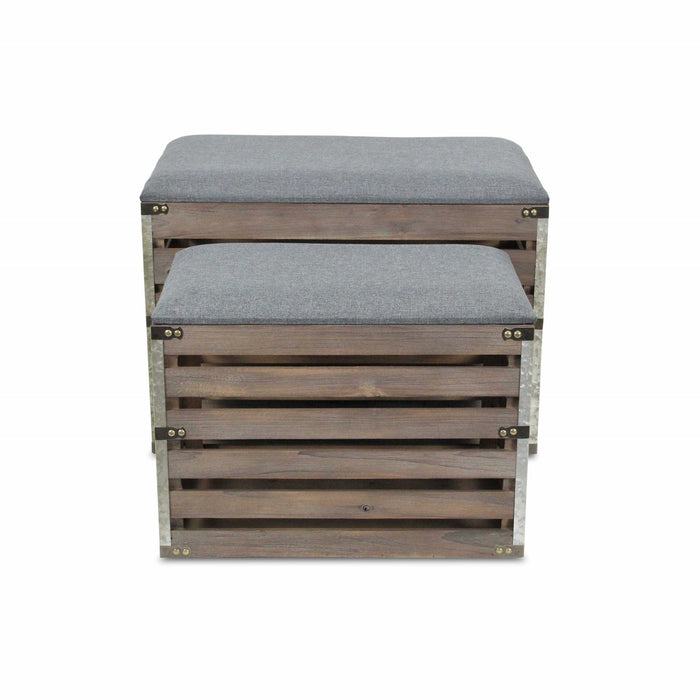 Set Of 2 Rectangular Linen Fabric And Wood Slats Storage Benches - Gray