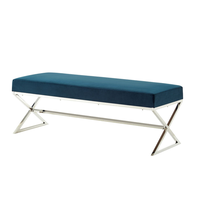 Upholstered Velvet Bench - Navy Blue / Silver