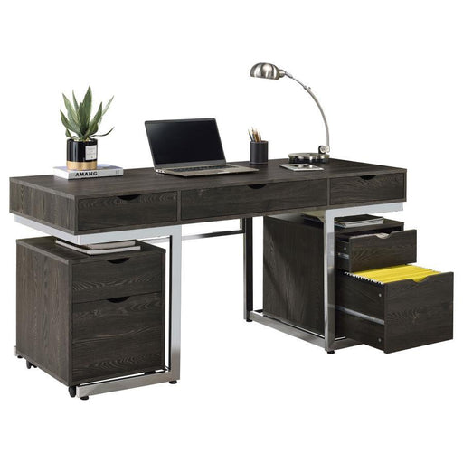Noorvik - 3 Piece Writing Desk Set - Dark Oak And Chrome - Simple Home Plus