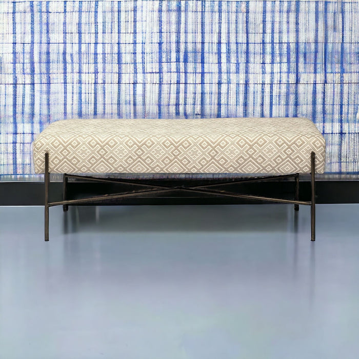 Upholstered Cotton Blend Geometric Bench - Cream / Black