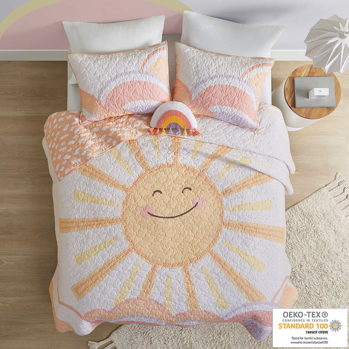 Dawn - Twin Sunshine Printed Reversible Coverlet Set - Yellow / Coral