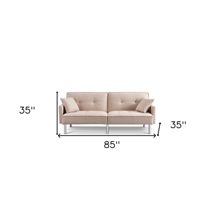 Polyester Blend Convertible Futon Sleeper Sofa And Toss Pillows With Silver Legs - Beige