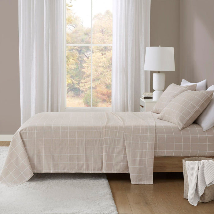 Oversized Cotton Flannel - 4 Piece Sheet Set - Beige Windowpane