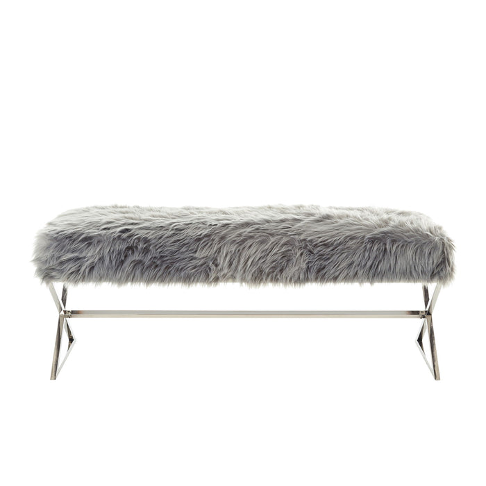 Upholstered Faux Fur Bench - Silver / Gray