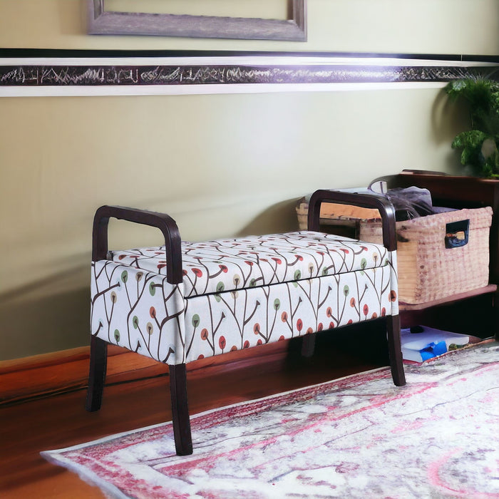 Upholstered Polyester Floral Entryway Bench With Flip Top - Dark Brown / Blue