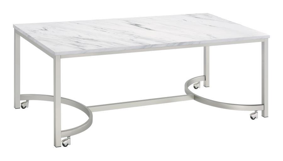 Leona - Coffee Table With Casters - White And Satin Nickel - Simple Home Plus