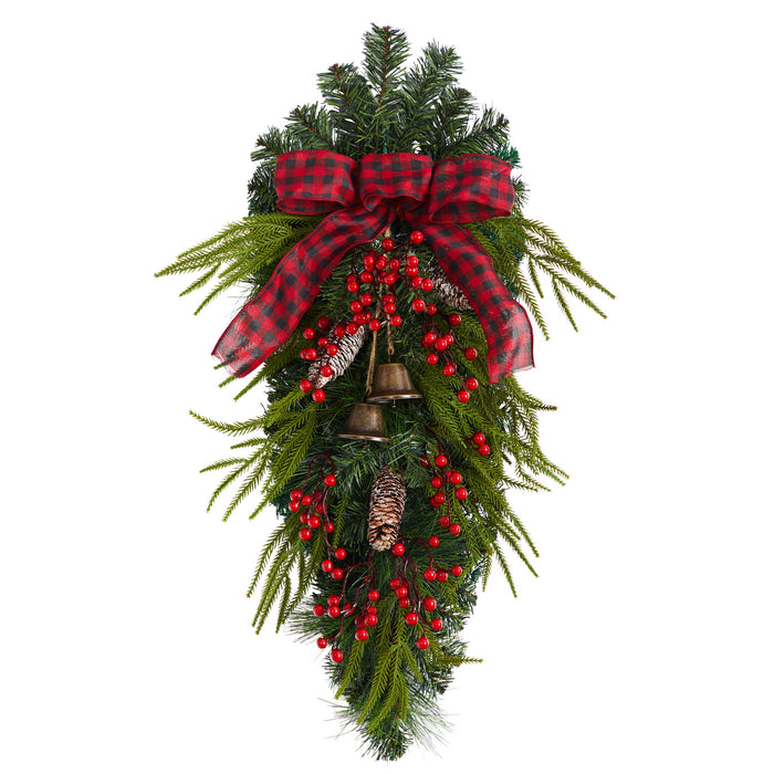 24 Holiday Christmas Pine Cones, Berry and Bells Wreath