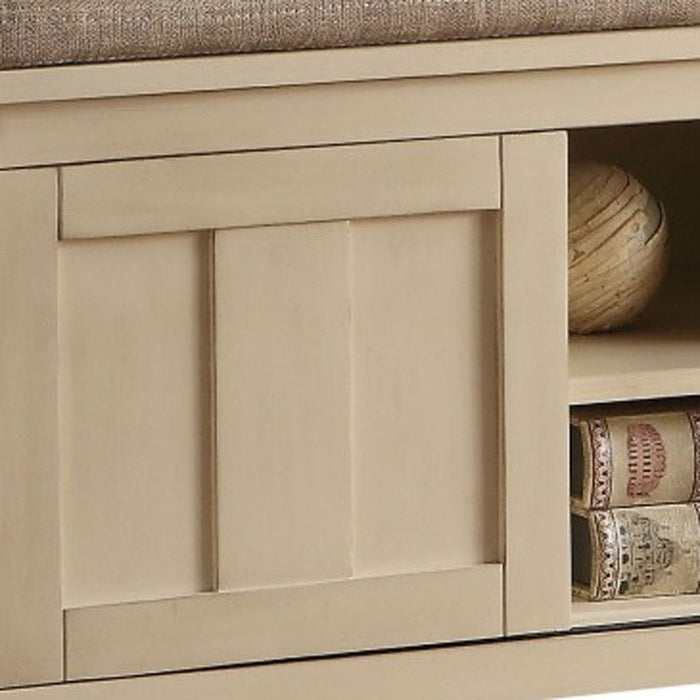 Upholstered Linen Blend Bench With Cabinet - Cream