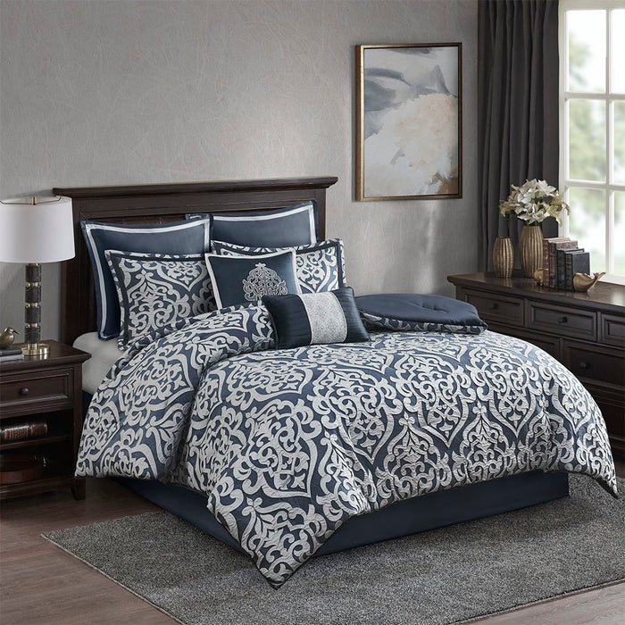 Odette - King 8 Piece Comforter Set - Navy