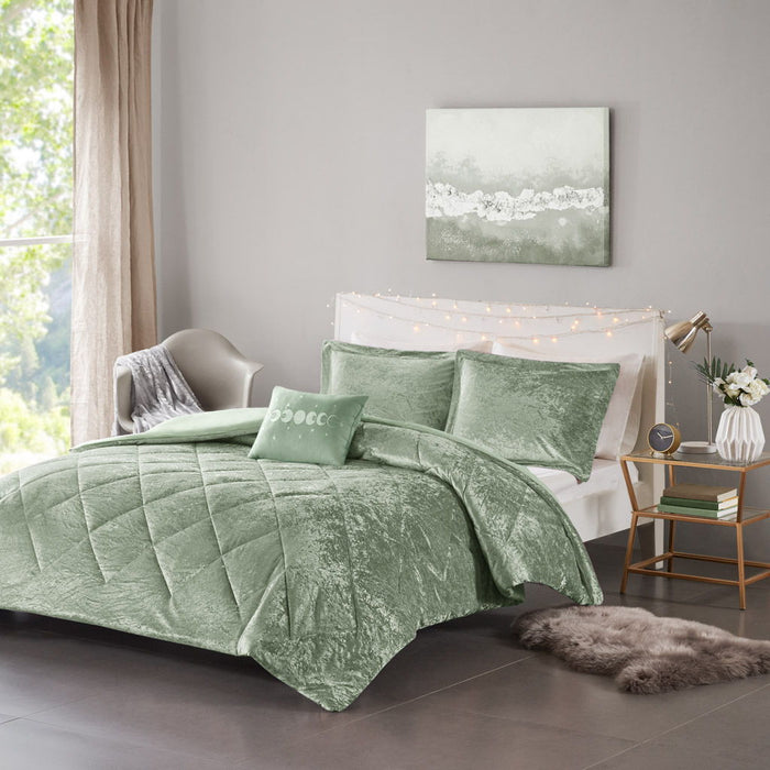 Felicia - Velvet Duvet Cover Set With Throw Pillow - Green