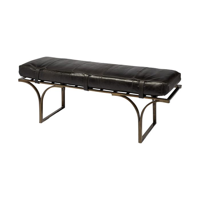 Upholstered Genuine Leather Bench - Black / Antiqued Brass