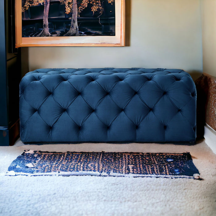 Velvet Upholstered Bench - Navy Blue / Black