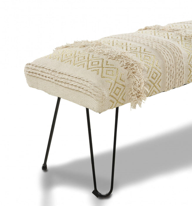 Geometric Black Leg Upholstered Bench - Ivory / Gold