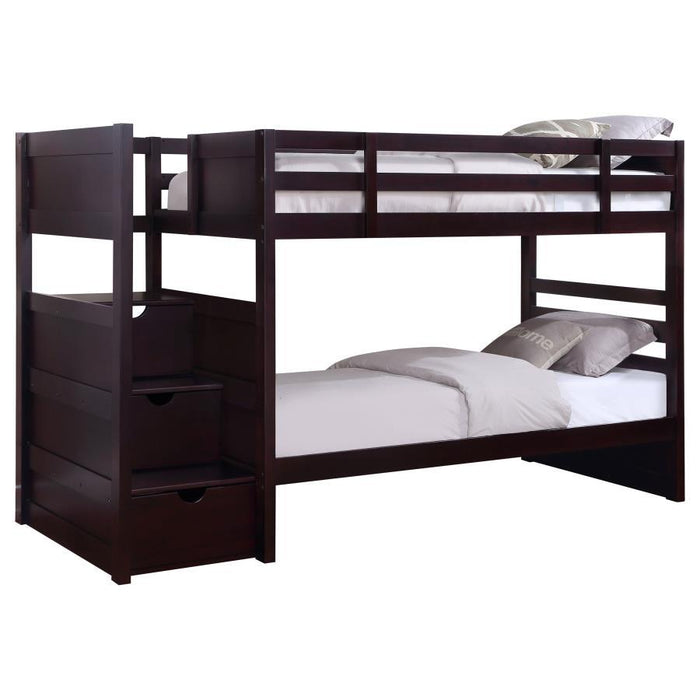 Elliott - Twin Over Twin Stairway Bunk Bed - Cappuccino - Simple Home Plus