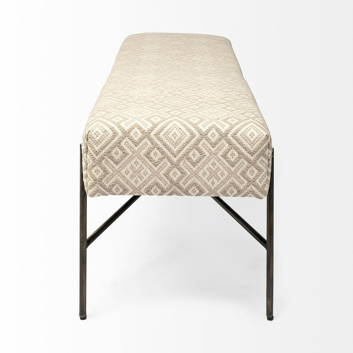 Upholstered Cotton Blend Geometric Bench - Cream / Black