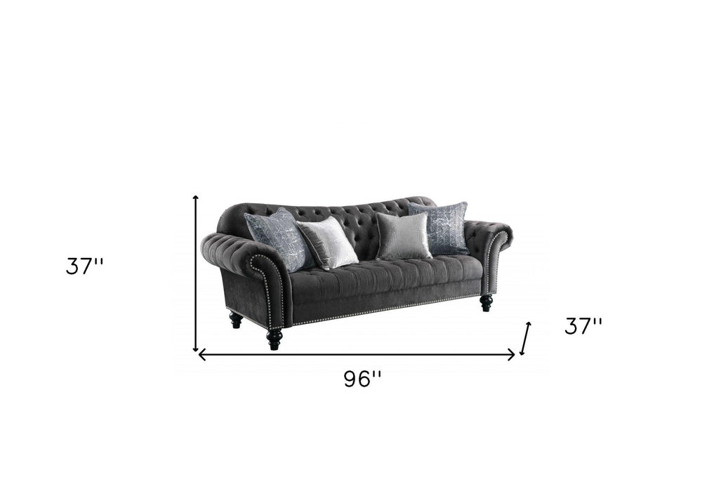 Velvet Sofa And Toss Pillows With Black Legs - Dark Gray