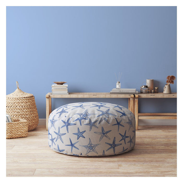 Canvas Round Abstract Pouf Ottoman - Blue / White