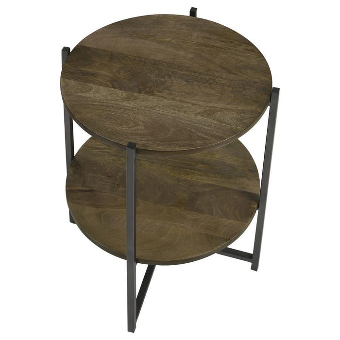 Axel - Round Accent Table With Open Shelf - Natural And Gunmetal - Simple Home Plus