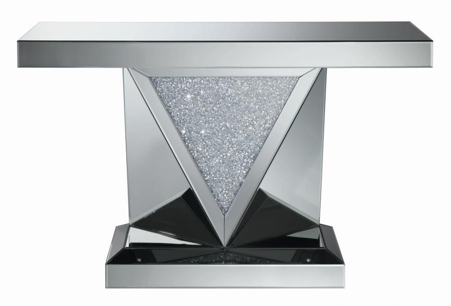 Amore - Rectangular Sofa Table With Triangle Detailing - Silver And Clear Mirror - Simple Home Plus