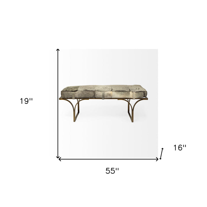 Upholstered Faux Fur Bench - Gray / Antiqued Brass