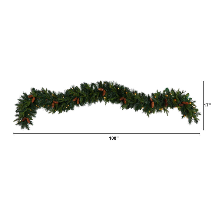 9' Pines & Pinecones Christmas Garland w/286 Lvs & 70 LEDs