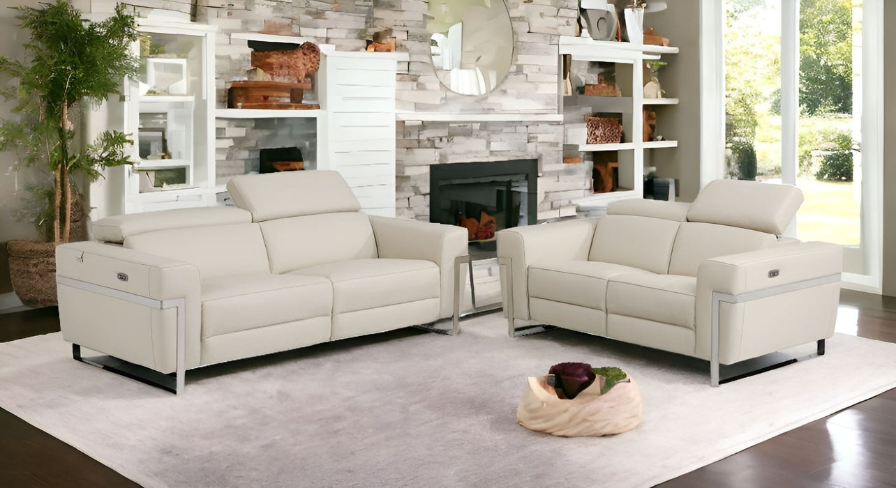 2 Piece Italian Leather Indoor Five Person Seating Set - Beige