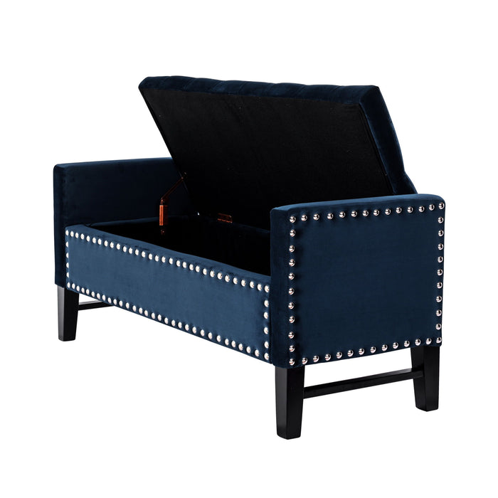 Velvet Upholstered Bench With Flip Top - Navy Blue / Black