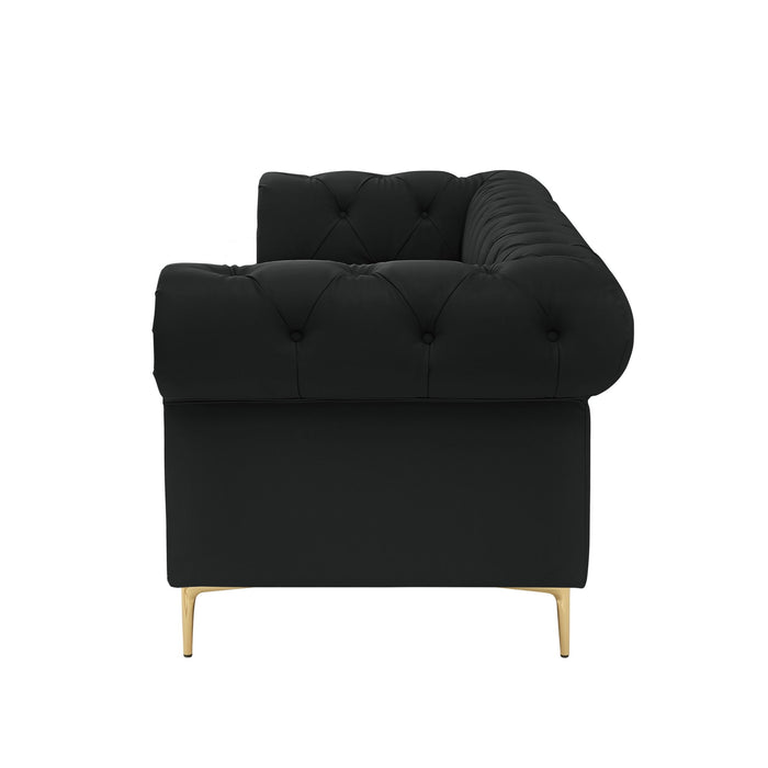 Faux Leather Chesterfield Sofa With Gold Legs - Black