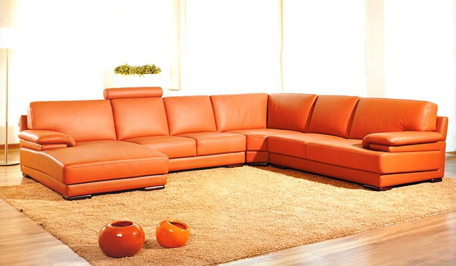 Leather And Wood Sectional Sofa - Orange