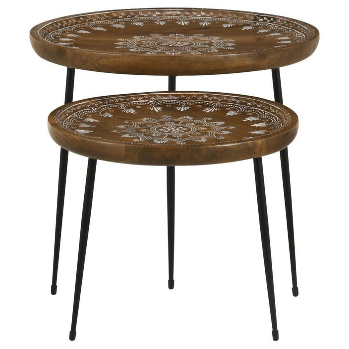 Nuala - 2 Piece Round Nesting Table With Tripod Tapered Legs - Honey And Black - Simple Home Plus