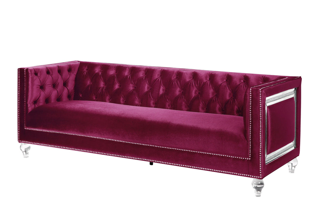 Velvet Sofa And Toss Pillows With Clear Legs - Burgundy