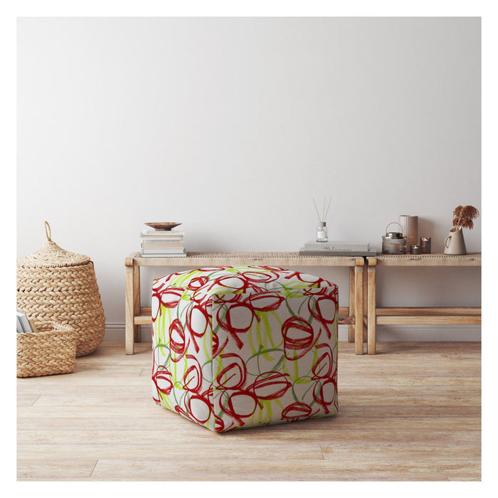 Cotton Abstract Pouf Ottoman - Red / White