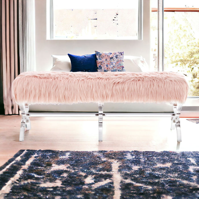 Upholstered Faux Fur Bench - Rose / Clear