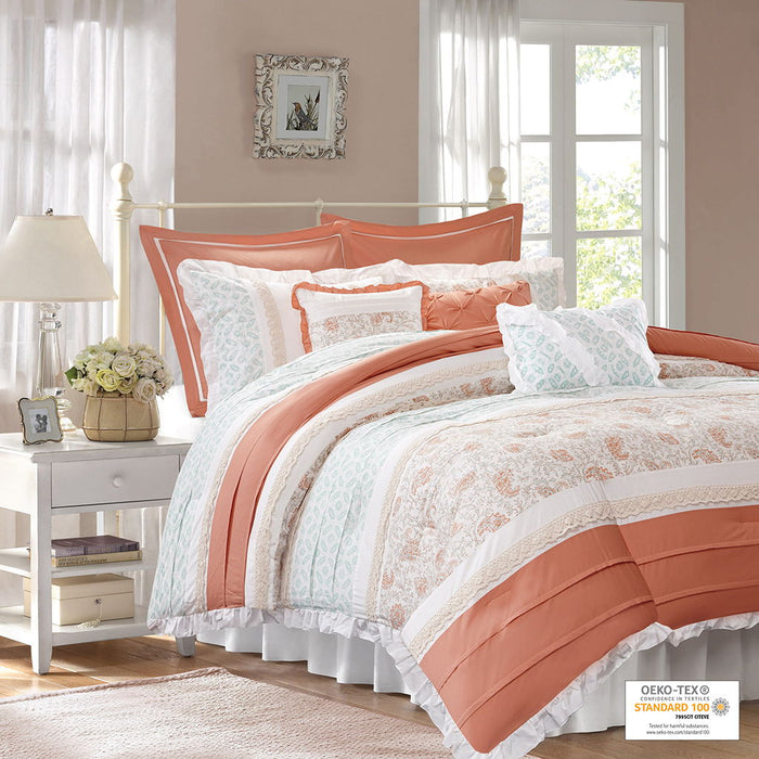 Dawn - King 9 Piece Comforter Set - Coral