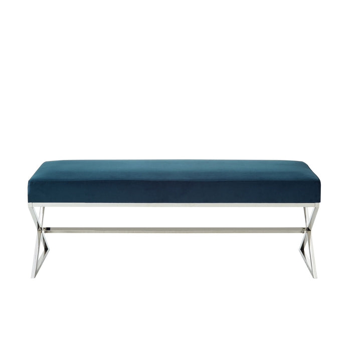 Upholstered Velvet Bench - Navy Blue / Silver