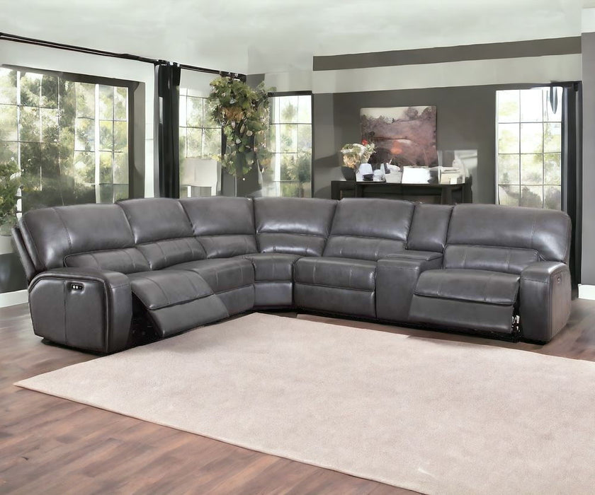 Faux Leather Power Reclining L Shaped Six Piece Corner Sectional With Console - Gray