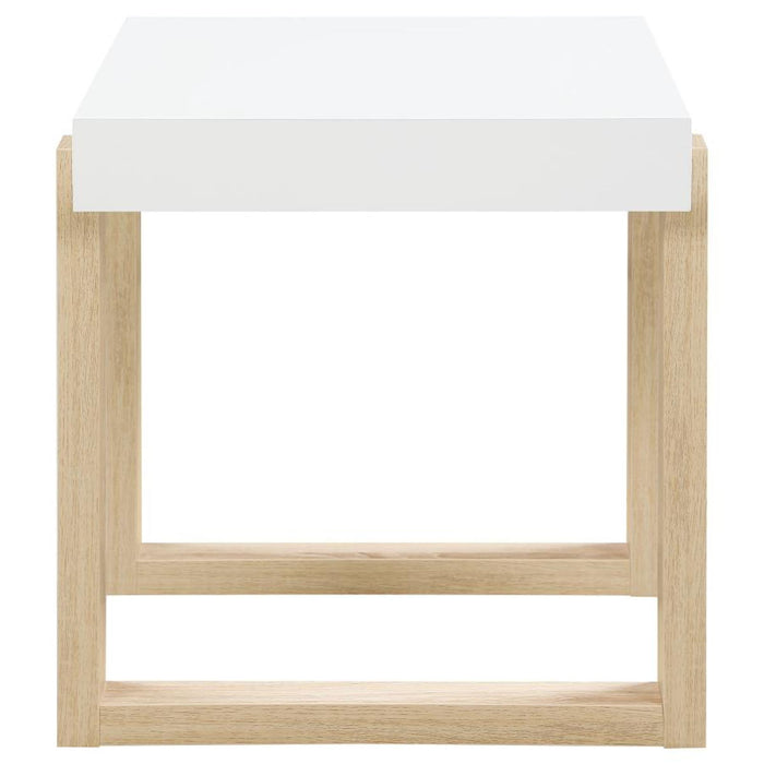 Pala - Rectangular End Table With Sled Base - White High Gloss And Natural - Simple Home Plus